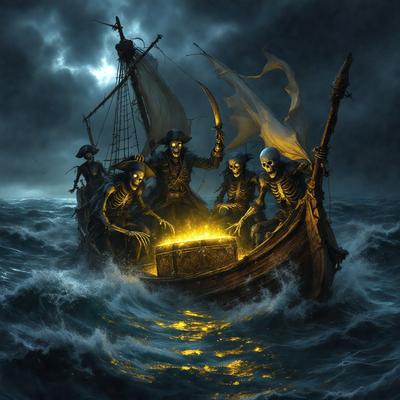 The primary subject of the image is a group of skeletons sitting on a boat in the ocean. The setting is a dark and stormy night, with the boat surrounded by waves. The visual style is a digital art or illustration, creating a spooky and eerie atmosphere. The dominant colors are black, white, and shades of blue, reflecting the nighttime and ocean setting.